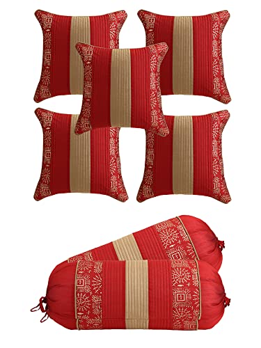 Image of Gifts Island Combo Silk Traditional Striped & Rajasthani Warli Golden Hand Printed Pillow Cushion Covers 16x16 inches Set of 5 & Round Pillow Bolster Covers Set of 2 16x32 inches (Red)