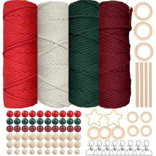 SILARLAIT Kit de Corde Macramé 3 mm pour Noël, 4 Bobines 50m Fils Macramé avec 60 Perles en Bois, 8 Porte-clés, 10 Anneaux, 2 Étoiles 4 Bâtons, Macramé Kit Complet pour Décoration de Noël