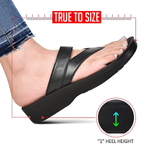 Image of AEROTHOTIC Comfy Arch Support flip flops for women Split Toe Stylish Cushioned Strap with non-slip footbed Walking Dressy Sandals Indoor and Outdoor (Glen Black, US Footwear Size System, Adult, Women, Numeric, Medium, 9)