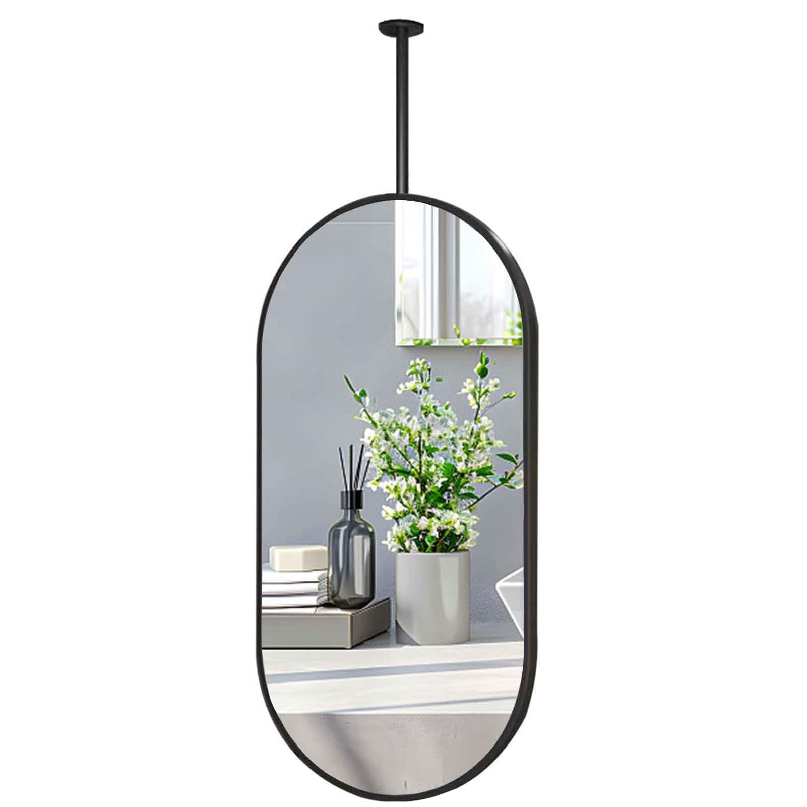 FGXHHS Oval Ceiling Hanging Mirror, Black Metal Frame and Rod Floating Glass Bathroom Vanity Mirror - Customizable(60cmx100cm)