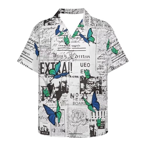 Green Blue Butterfly Newspaper Monogram Print Men's Short Sleeve Button Down Vintage Bowling Shirts Hawaiian Beach Shirt Summer Regular Fit Top