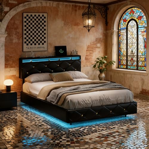 BRYXR 140 x 200 cm Bett mit LED-Licht und USB, Doppelbett mit verstellbarem Kopfteil, schwarzes Schwebebett aus PU-Leder für 2 Personen (ohne Matratze)