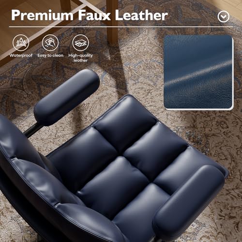 Image of Mid Century Modern Desk Chair, Vintage Leather Office Chair, Blue | Petite Computer Chair for Small to Medium Women, Thickened Back, Cozy Seat, Adjustable Height for Home