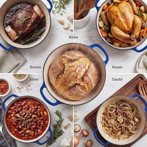 Image of Zulay Kitchen 6.4QT Enameled Cast Iron Dutch Oven Pot with Lid, Heavy-Duty Soup Pot for Stews, Braising, Roasting & Sourdough Bread Baking, Oven Safe up to 500F - Blue