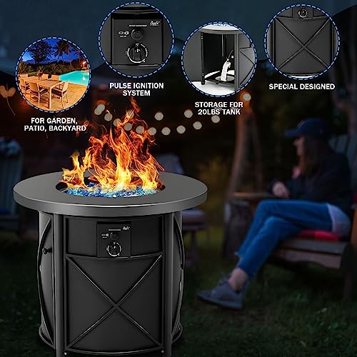 Bali Outdoors 30 Inch Round Gas Fire Pit Table, 50,000 Btu Propane Fire Pit Column With Blue Fire Glass Stone For Outside Patio And Garden #TOP4