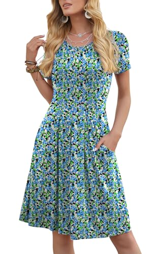 DouBCQ Women's Casual Short Sleeve Pleated Dresses Blue Floral Green S