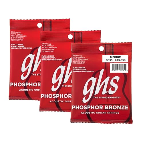 GHS Strings – Phosphor Bronze Acoustic Guitar Strings – Warm, Rich Tone, Balanced & Long-Lasting - For Acoustic, Fingerstyle, Strumming, Country, Rock, S335 Set (M) Medium Gauge 13-56, 3 PACK