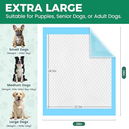 Image of 100 Count Dog Pee Pads Extra Large 28 inchx34 inch, Super Absorbent X-Large 100 Pack Puppy Pads Leak-Proof & Quick-Dry Disposable XL Potty Pee Pads for Dogs, Puppies, Doggy
