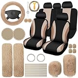 ROCEEI 43 Pcs Car Seat Cover Full Set Fuzzy Car Accessories for Women, Car Front Rear Cover Fluffy Steering Wheel Cover Car Belt Handbrake Shift Cover Car Air Conditioner Strip (Beige, Black)