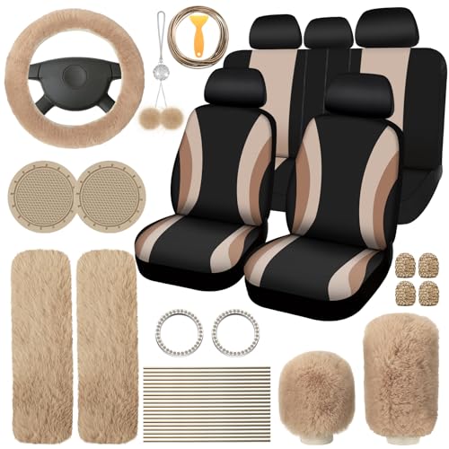 ROCEEI-43-Pcs-Car-Seat-Cover-Full-Set-Fuzzy-Car-Accessories-for-Women-Christmas-Car-Front-Rear-Cover-Fluffy-Steering-Wheel-Cover-Car-Belt-Handbrake-Shift-CoverBeige-Black