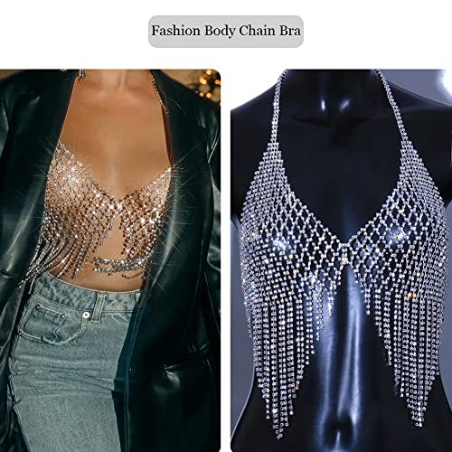 Stonefans Tassel Rhinestone Chest Chain Bra Body Jewelry For Women Sexy Silver Bikini Bra Body Chains Underwear Party (Silver1) #TOP5