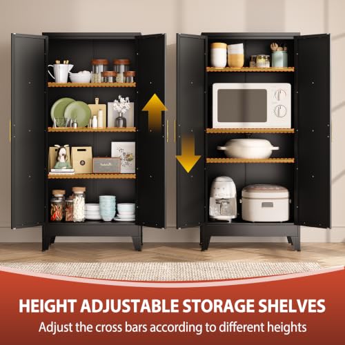 Image of PAOFIN 61 inch H Kitchen Storage Cabinet with Doors | Freestanding Pantry Cabinet,Farmhouse Food Storage Cabinets,Tall Cabinets for Kitchen, Dining Room, Living Room(Black)