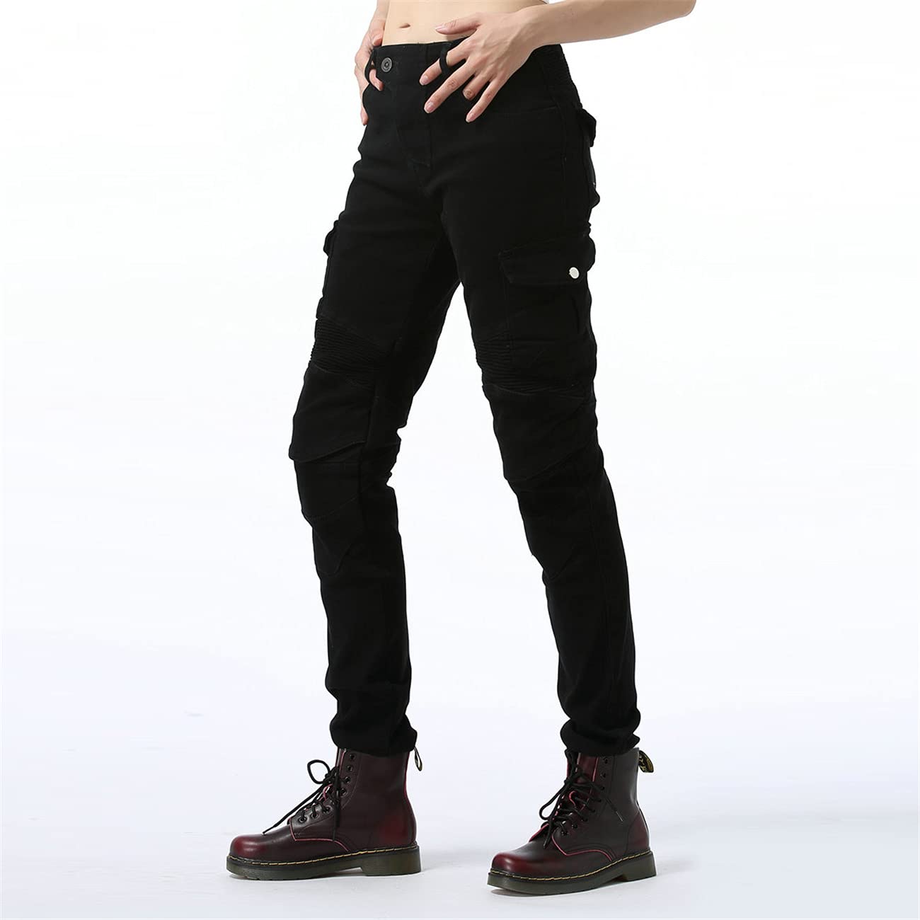Donna Pantaloni Da Moto Jeans Stretch Multitasche Protettivi Denim Moto Pantaloni Anticaduta Biker Motociclista Pantalone Con 2 Protezioni Ginocchia E 2 Protettori Anca (Black,XXS)