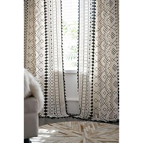 MUGINYU Bohemian Cotton Linen Window Curtain Panel with Tassels Black Ethnic Geometric Print Farmhouse Style Cotton Linen Room Curtain Panel for Bedroom Living Room Rod Pocket Top Cover
