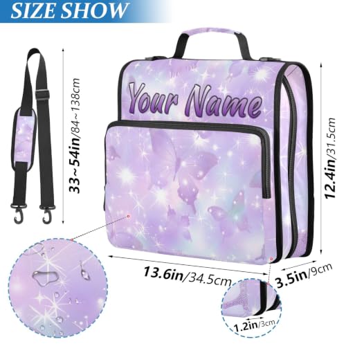 Image of Custom 3 Ring Zipper Binder Shiny Glitter Purple Butterflies Personalized Name 1.5 Inch Binders Large Capacity Multi Pockets for School Office Supplies