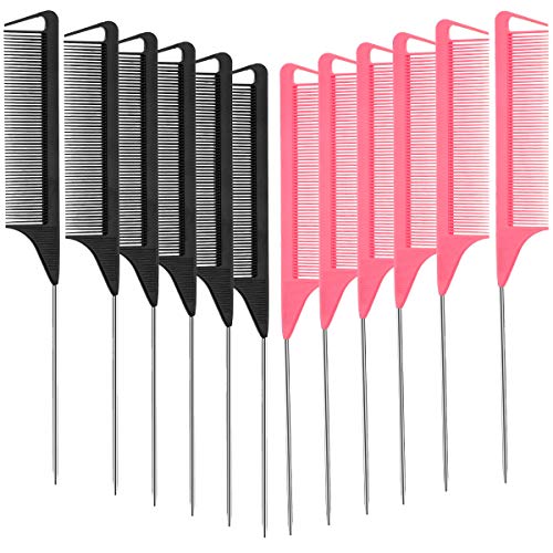 12 Pieces Metal Pintail Combs Hair Styling Heat Resistant Fashion Hair Combs Home Barber Salon Fine Tooth Teasing Comb Set With Non-skid Paddle (Black and Pink)