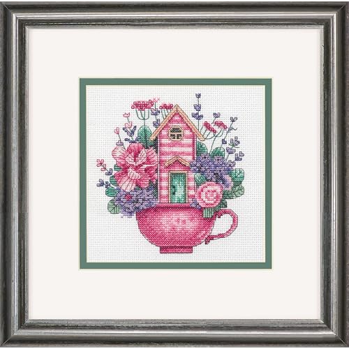 Image of Dimensions 70-65232 Teacup House Counted Cross Stitch Kit for Beginners, 6 inch x 6 inch 14 Cnt. White Aida, 4 Pieces