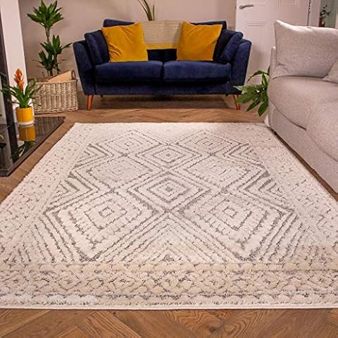Soft Fluffy Grey Cream Geometric Area Rug Cover