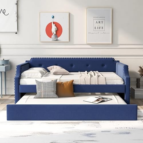 Wszjj Upholstered Daybed With Trundle, Wood Slat Support,Upholstered Frame Sofa Bed, Twin #TOP27