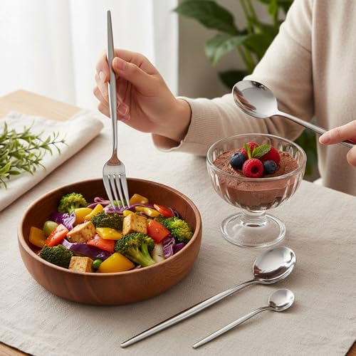 Image of 24 Pcs Silver Slim Handle Stainless Steel Cutlery Set for Dining Table with Spoons and Forks Set + Butterknives - The Perfect Tableware /Flatware