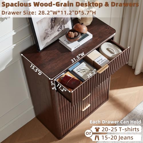 Image of LEYAOYAO Fluted 5 Drawers Dresser Set of 2, 41 inch Tall Modern Chest of Drawers with Metal Handle, Curved Profile Dresser TV Stand, Wooden Drawer Organizer for Bedroom, Living Room, Hallway, Walnut