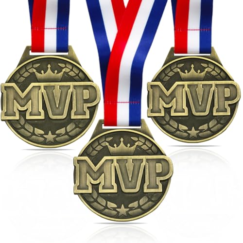 YUJUE 3pcs MVP Champion Medals 3 Inch Large Gold Medals Most Valuable Player Medals for Football Fantasy Basketball Soccer Sports Achievement MVP Gift with Neck Strap