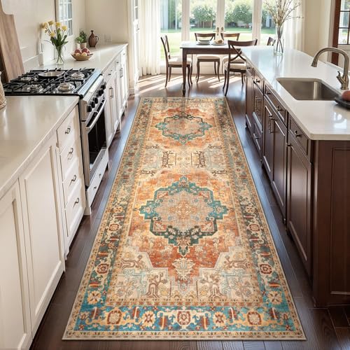 Image of Orange 2.6x8 Washable Runner Rug for Hallways, Oriental Non Slip Runners