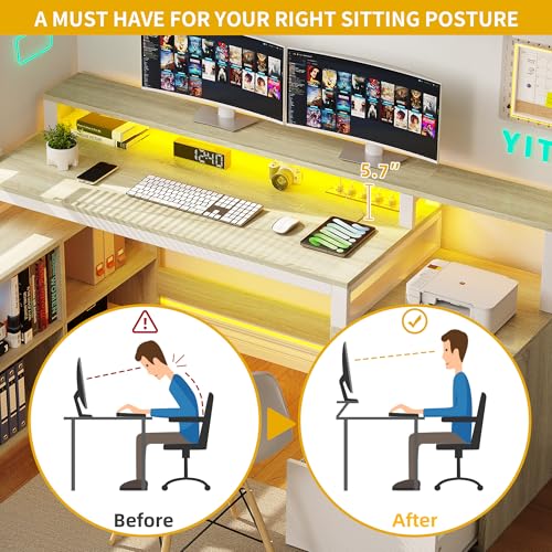 Image of DWVO L Shaped Desk with Drawers, 65 inch Computer Desk with Power Outlets & LED Lights, Corner Home Office Desk with Storage Shelves & Printer Stand, White & Oak