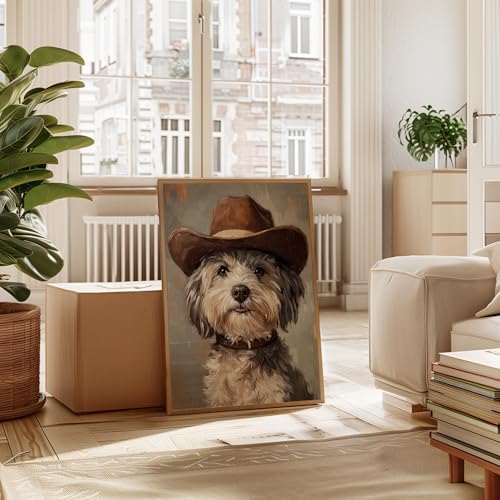 Image of aj decor Havanese Cowboy Hat Wall Art Print Poster, Dog Pet Lover Picture Painting Artwork Bedroom Living Room Office Dining Room 151D (Havanese Cowboy Hat, 11 inch W x 14 inch L, Wood Frame)