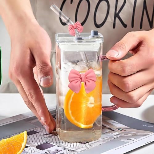 Image of FUNKYFINDS Pink Cute Bow Square Glass Cup with Lid and Straw, Pink Glass Tumbler with Handle Bow Knot Transparent Drinking Glasses for Juice, Iced Coffee, Milk, and Tea Girl Birthday Gifts (Set of 1)