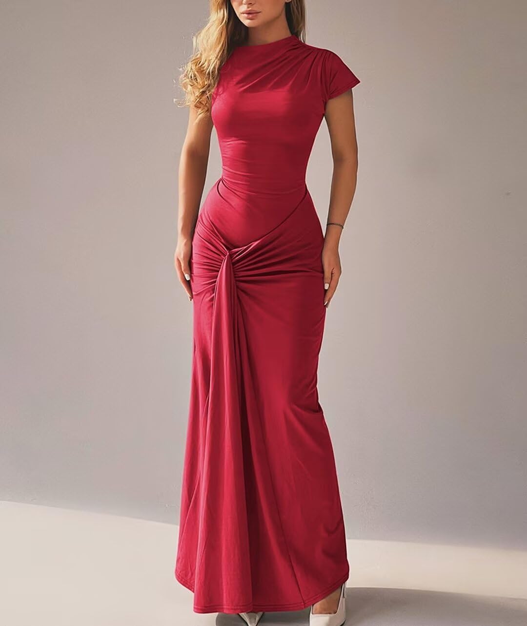 Mojessy Women Bodycon Maxi Dress Sexy Mock Neck Lace Up Bandage Ruched Short Sleeve Long Dress Cocktail Dress - Image 4