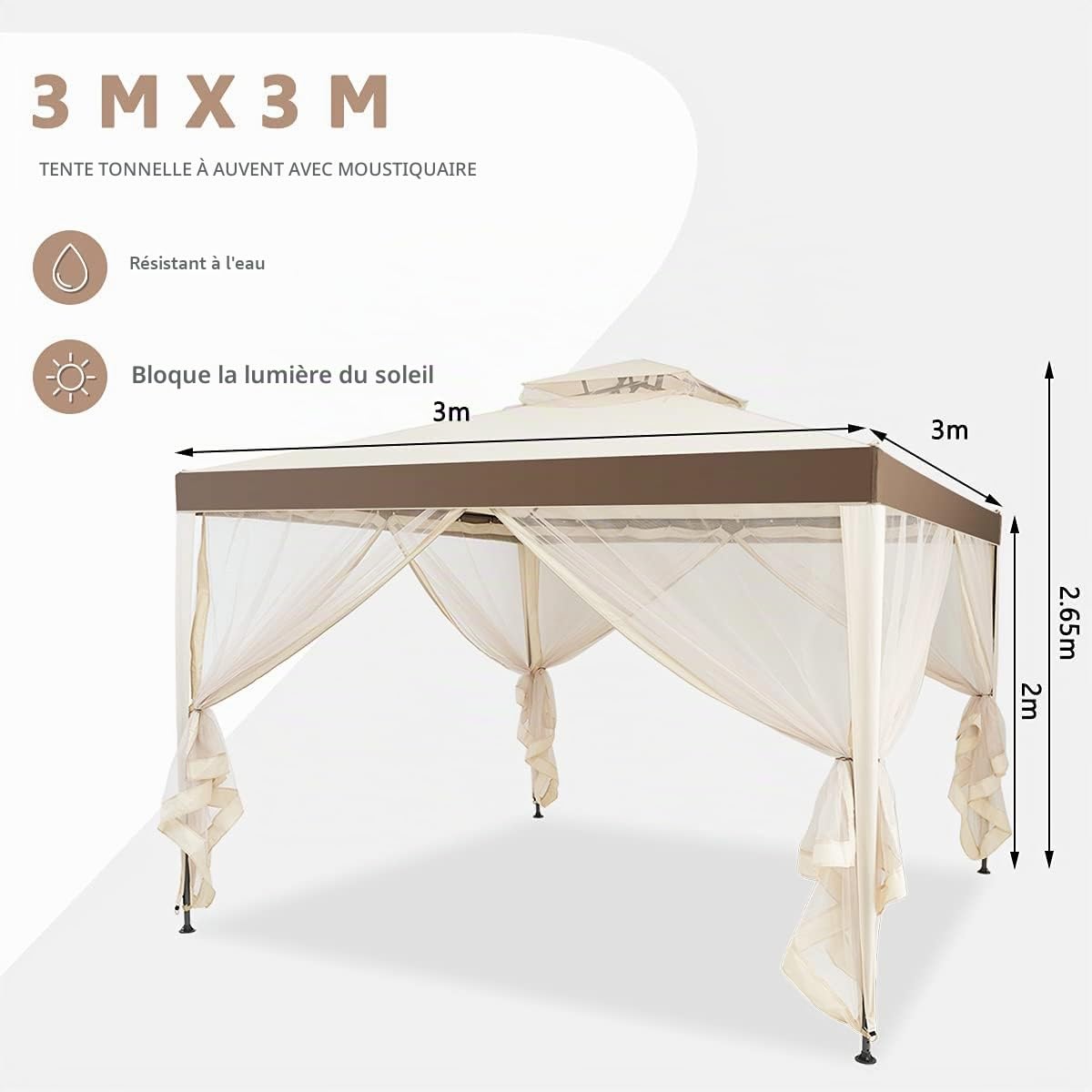 GIANTEX 3 x 3 m Tonnelle de Jardin Imperméable,Barnum Pliant avec Structure en Acier & 4 Rideaux Latéraux, Ventilation & Anti-moustiques, Tente de Reception pour Terrasses, Pelouses, Balcons (Beige)
