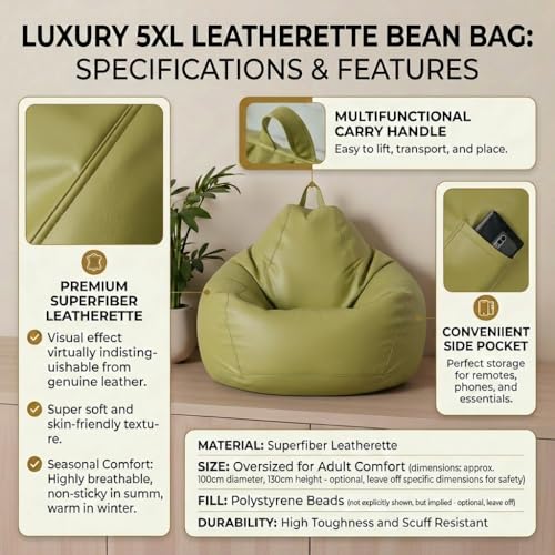 Image of 6XL Jumbo Premium Bean Bag Chair with Footrest & Cushion | Filled with High Density EPS Beans | Comfortable Sofa for Living Room & Bedroom | 6 Months Warranty, Color- (OLIVE GREEN, 6XL, Premium)