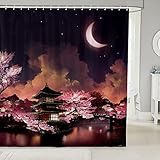 Japanese Style Shower Curtain Moon Cherry Blossom Bathroom Curtain Romantic Night Sky Scenery Waterproof Curtain for Kids Teens Girls Women Room Decor Exotic Pink Bath Curtain,12 Hooks,72' Wx72 L