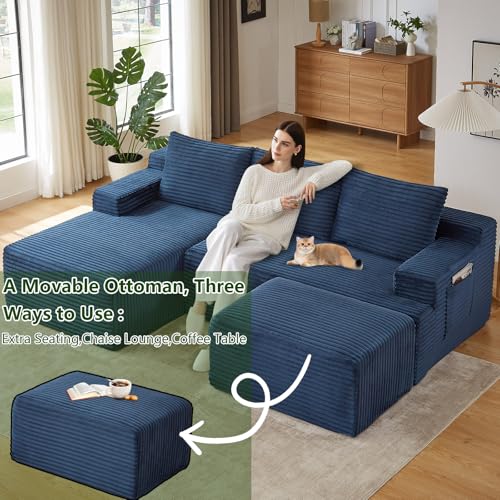 Image of 96.1 inch Modular Sectional Sofa with Ottoman, Modern Corduroy Cloud Couch, Boneless Couch Upholstered 3-Seater U-Shaped Sofa for Living Room, No Assembly (Blue, Right-Facing Chaise)