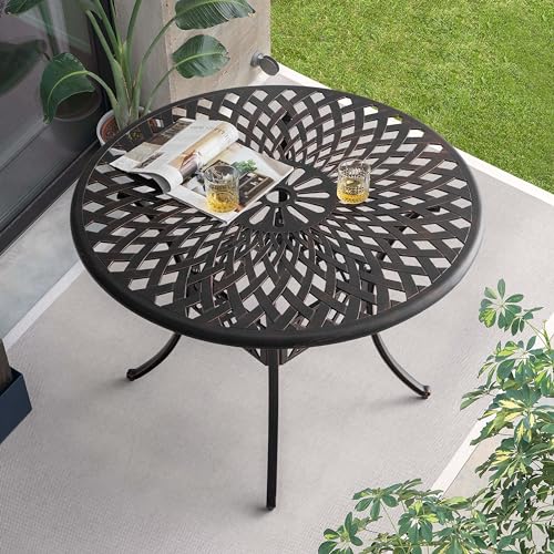Image of NUU GARDEN 42 Inch Outdoor Round Dining Table Cast Aluminum Tabletop with 2.24 Inch Umbrella Hole Patio Garden Backyard Balcony, Black with Gold-Painted Edges