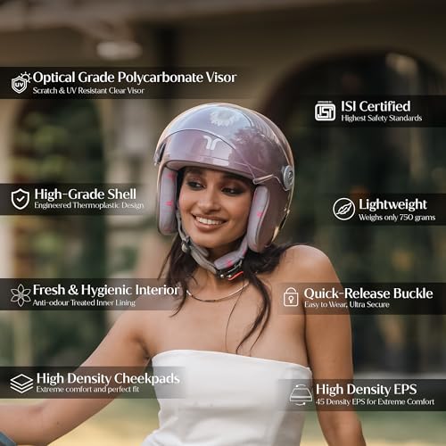 Image of TVARRA Lotus ISI & DOT(USA) Certified Women's Open Face Helmet Design Helmet, Lightweight Material, Crafted for Women, Extreme Comfort fit with Clear Visor