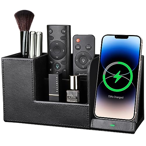 KINGFOM Organizer Scrivania Ufficio con Caricabatteria Wireless, Portaoggetti Scrivania Wireless Stazione per iPhone 14/13/12 Series, Samsung Galaxy S23/S22/S21/Note 20/Note 10 (L-Nero)