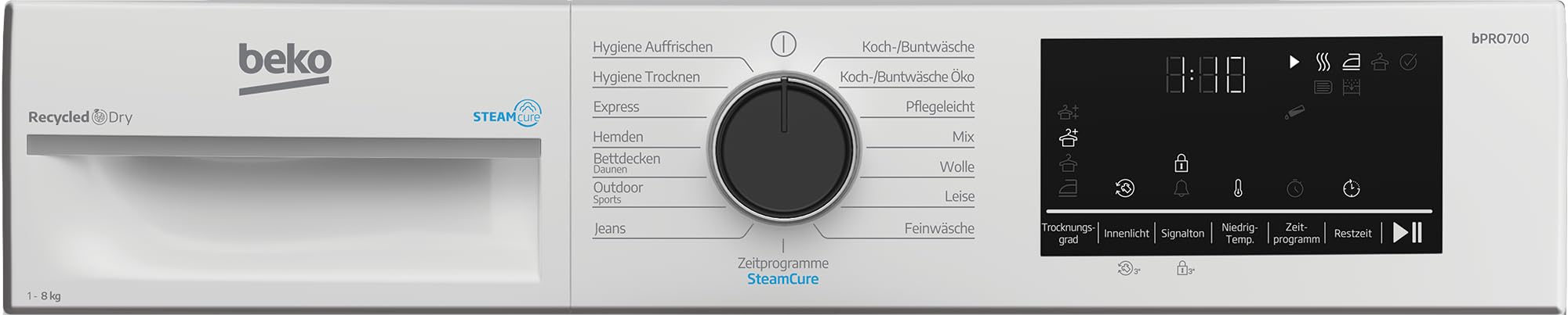 Beko B5TD6821B Wäschetrockner, 8 kg, Frontlader Wärmepumpentrockner, 15 Programme, Sensortrocknung, Leise-Programm, Aquawave Schontrommel, Säulenfähig, Weiß