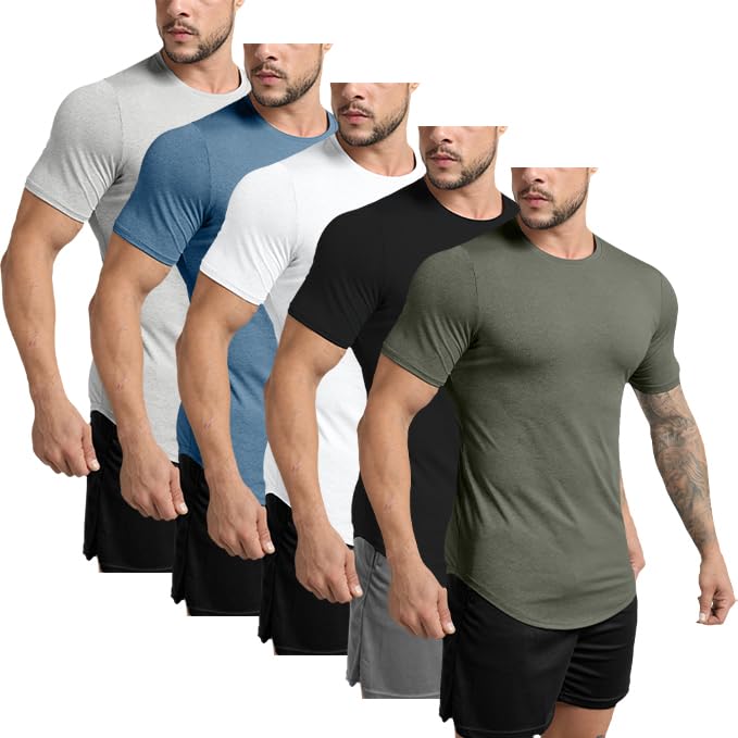 GYM REVOLUTION Men's 5 Pack Workout Gym Hipster Curved Hem Muscle Fitness Hip Hop T Shirts