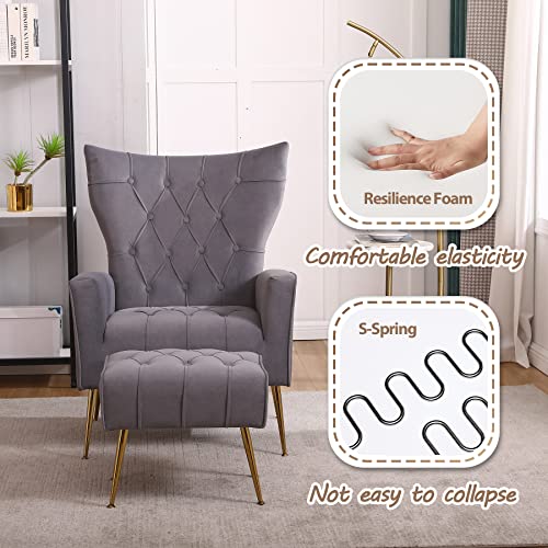 Sillón con otomana terciopelo gris miniatura 4