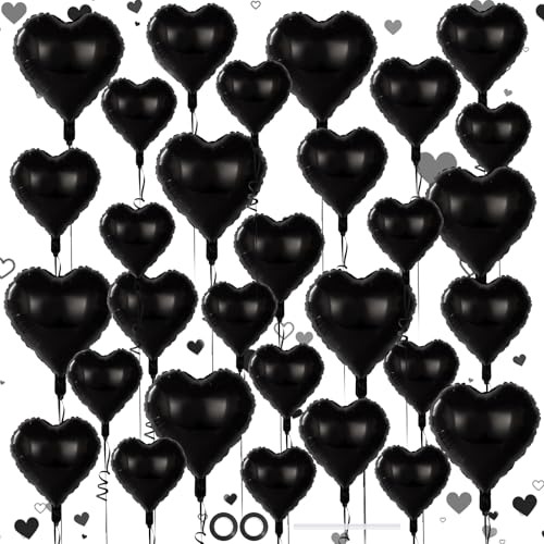Image of 30 Pcs Black Heart Balloons, 3 Sizes Heart Foil Balloon, Valentine Day Party Decorations, Love Balloon Valentine Balloons for Birthday Party Wedding Baby Shower