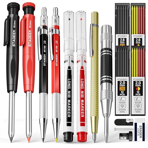 STAGEEK 17 Pack Carpenter Pencil Set with Sharpener, Mechanical Carpenter Pencils with 60 Refills, Deep Hole Long-Nib Marker Pens, Carbide Scribe Tool & Construction Pencils for Architect with Case