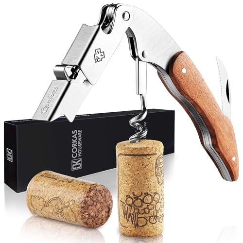 CORKAS Sacacorchos de Camarero, Abrebotellas, Sacacorchos Profesional, Foil Cortador, Sacacorchos Vino de Acero Inoxidable y con Cuchilla Cortacapsulas, Utensilios de Bar y Cocina