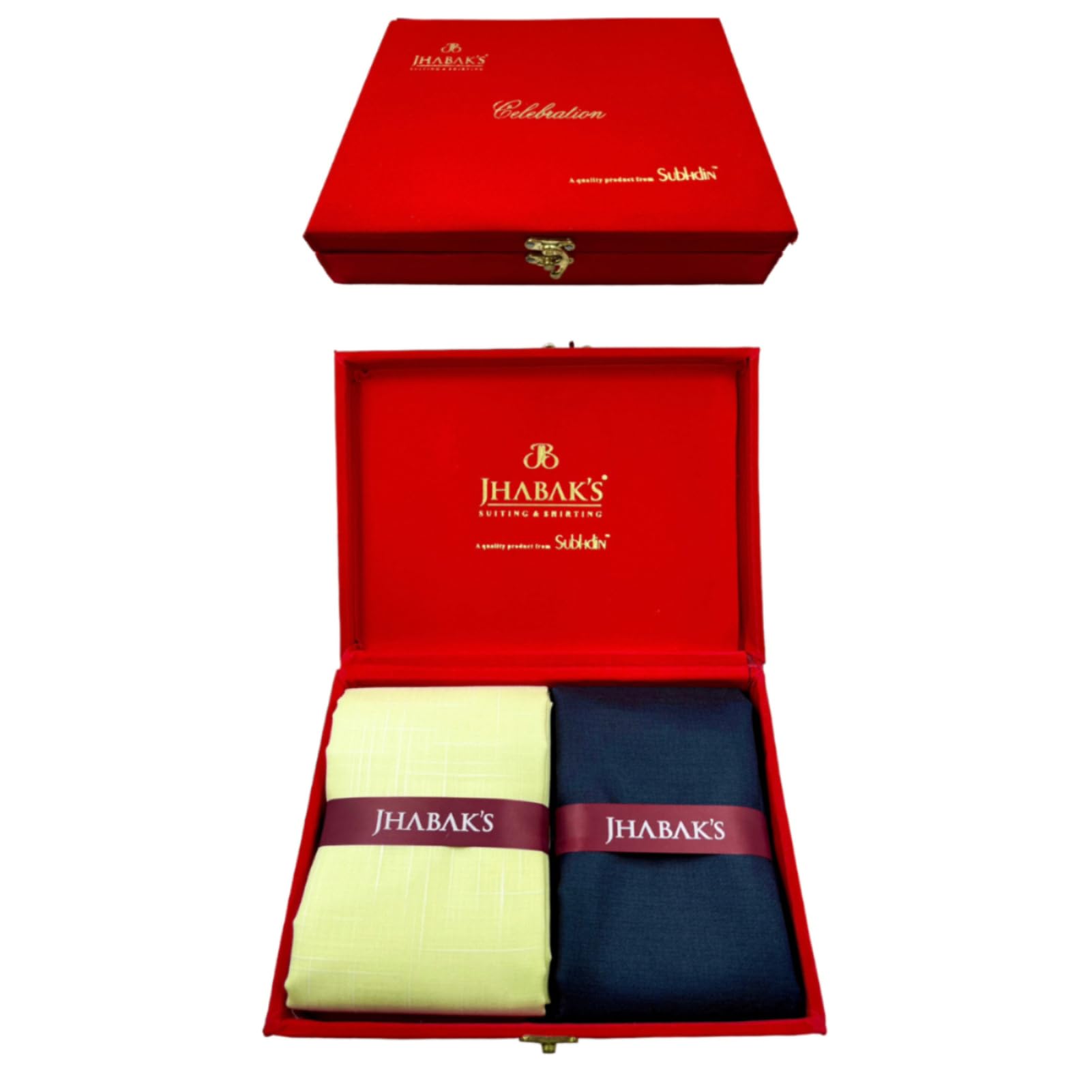 JHABAK'S Mens Cotton Blend Premium Linen Customizable Length Dress Material Shirt And Trouser Fabric 2.25M Shirt Cloth, 1.20M Pant Piece (Yellow Shirt, Navy Blue Trouser) 2