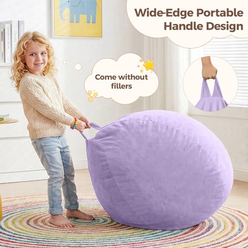 Image of Stuffed Animal Storage Bean Bag Chair Cover for Kids (No Filler), Soft Comfy Velvet Beanbag Chair Cover Machine Washable, Kids Bean Bag Chair with Handle for Living Room Bedroom Dorm, Purple