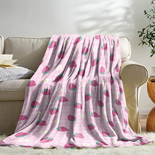 Sowide Strawberry Blanket, Pink Checkered Blanket Throw Gift for Baby Girl Soft Lightweight Strawberry Flower Flannel Blanket - Image 3
