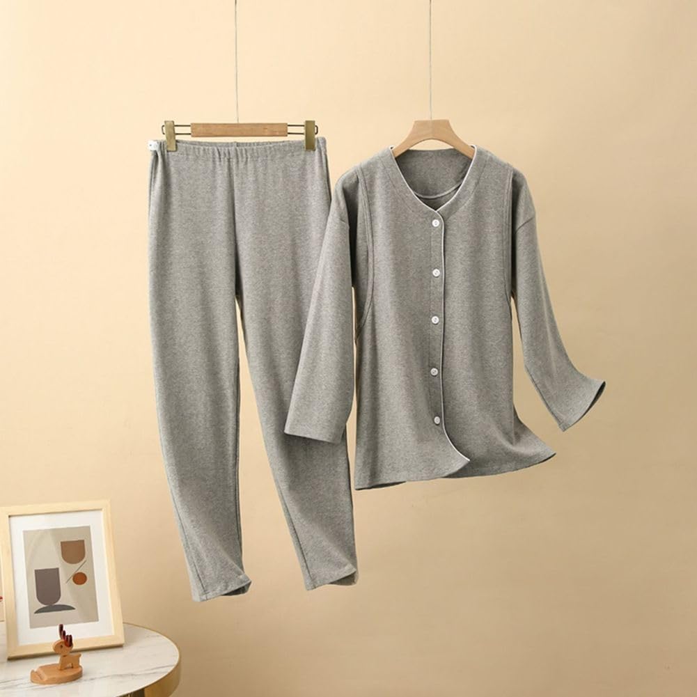 Mutterschaft Pflege Pyjamas Set Button-Up, Super Soft Langarm Gestreifte Nachtwäsche Stillen Loungewear Nightie Pjs für Schwangere Frauen Home Hospital,Grau,L