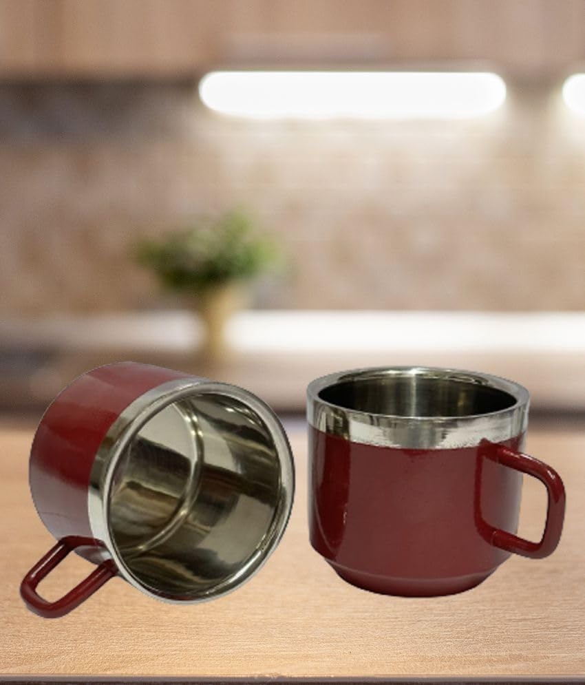 Dynore Stainless Steel Double wall Set of 2 Maroon Tea Cups 2