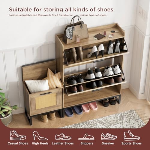 Image of Maupvit Shoe Cabinet Storage for Entryway with Bench, Rustic Oak Rattan Narrow Shoe Cabinet with 2 Flip Drawers, Wooden L-Shaped Shoe Rack Slim Shoes Storage Organizer for Hallway, Entrance
